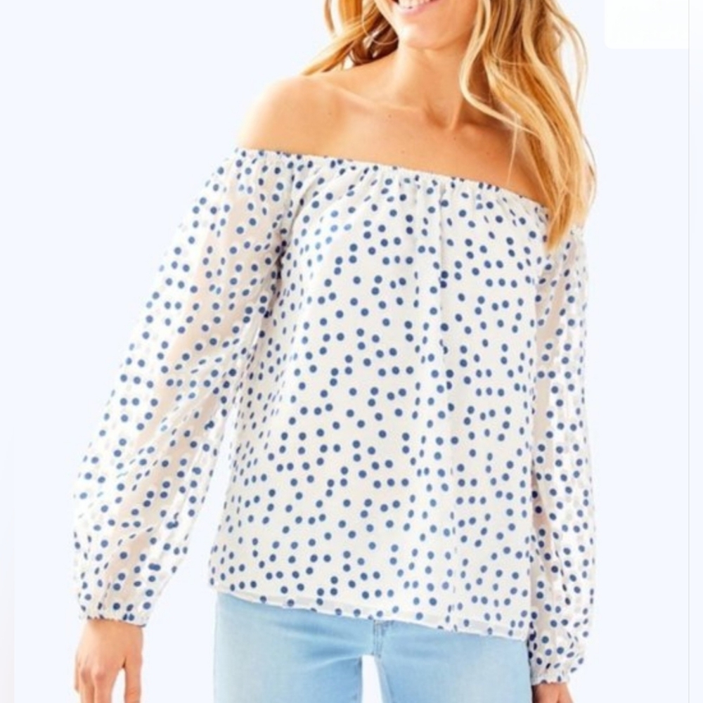 Lily Pulitzer Lou Lou Off the Shoulder Top In The Bennet Blue Polka Dot Preppy M